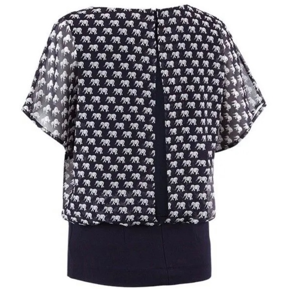 Cabi Navy Blue White Elephant Print Chiffon Overlay Layered Blouse Womens Sz S - Picture 10 of 13
